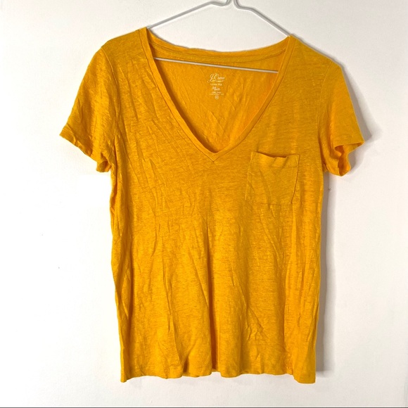 J Crew Linen Vneck Pocket Tee Mustard 
